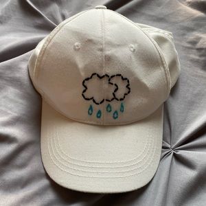 White Baseball Hat with Blue Cloud Rain Embroidery
